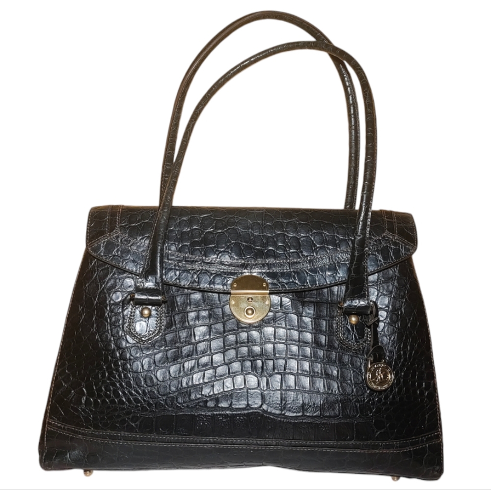 Brahmin Honor Collection Sleek Black Croc Embossed Shoulder Bag - Picture 1 of 16